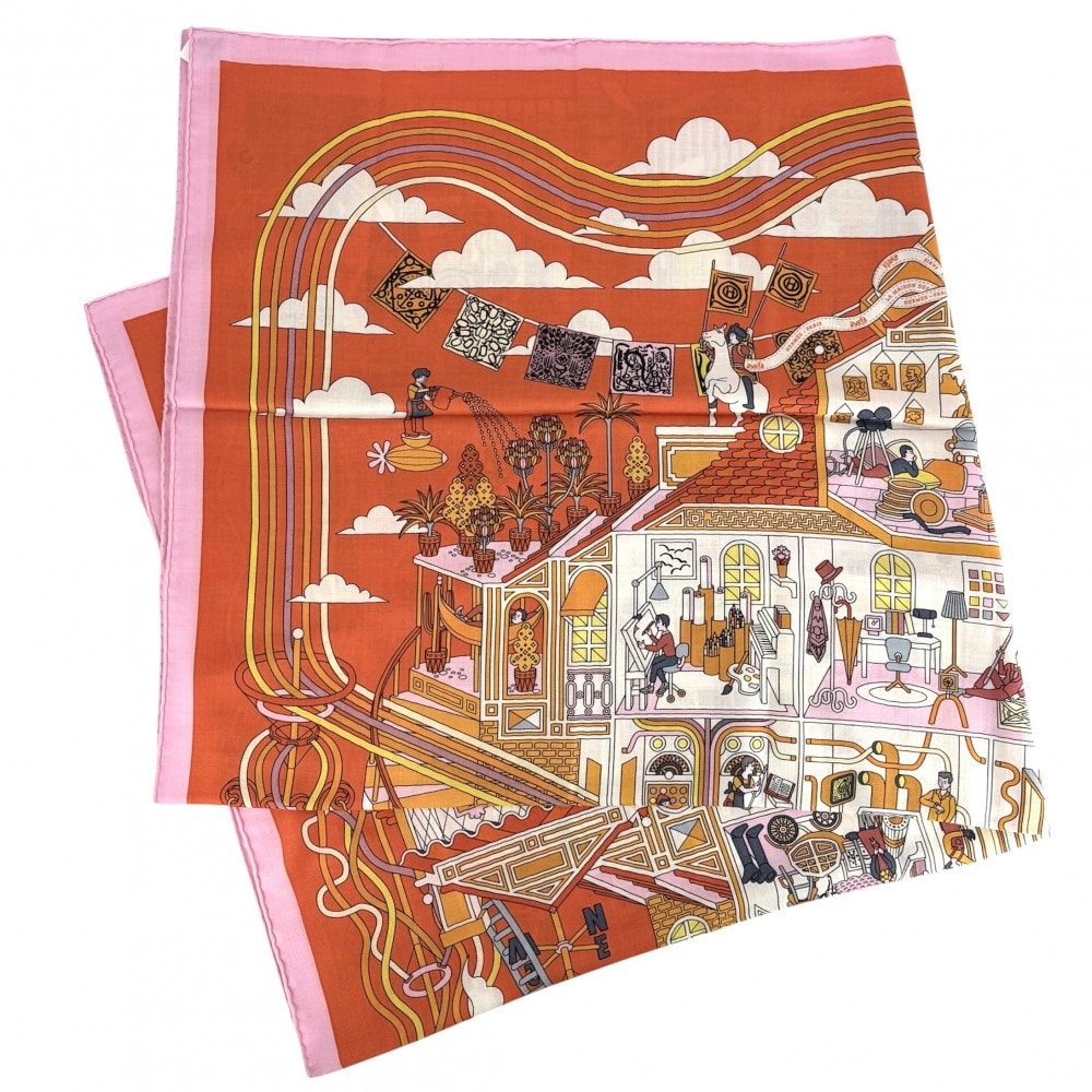 HERMES エルメス ストール カレジェアン LA MAISON DES CARRES スカーフ 大判 ファッションアイテム メゾンデカレ カレ140 カシミヤ  シルク   オレンジ レディース 美品【中古品】