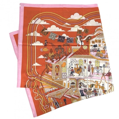 HERMES エルメス ストール カレジェアン LA MAISON DES CARRES スカーフ 大判 ファッションアイテム メゾンデカレ カレ140 カシミヤ シルク オレンジ レディース 美品【中古品】