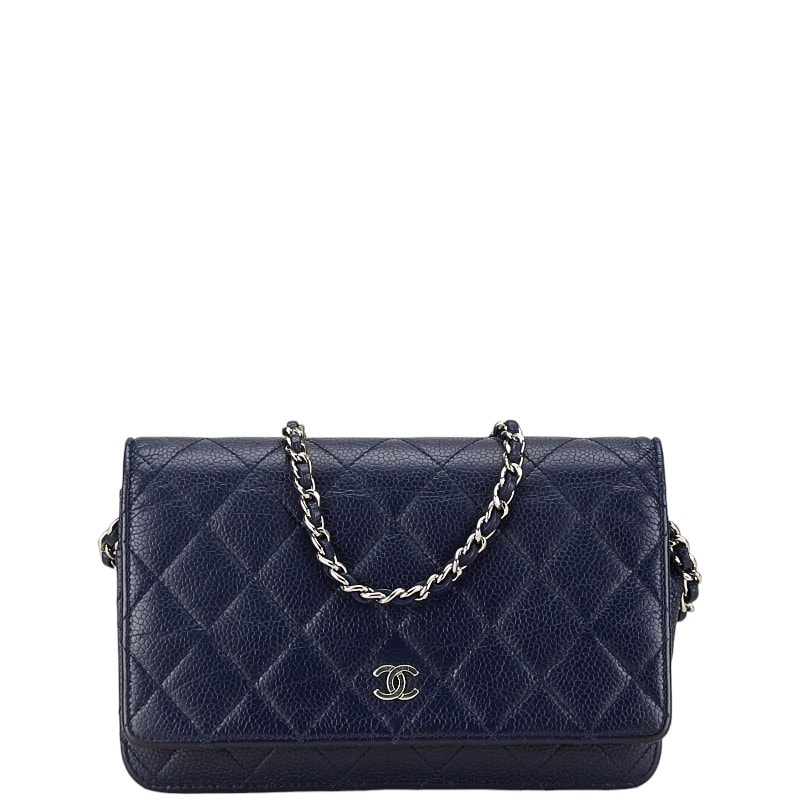 シャネル ココマーク マトラッセ 長財布 チェーンウォレットバッグ ネイビー キャビアスキン レディース CHANEL 中古