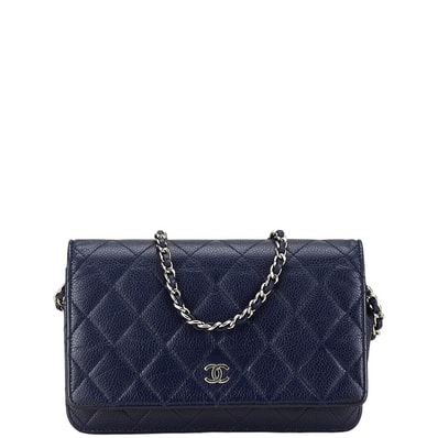シャネル ココマーク マトラッセ 長財布 チェーンウォレットバッグ ネイビー キャビアスキン レディース CHANEL 中古