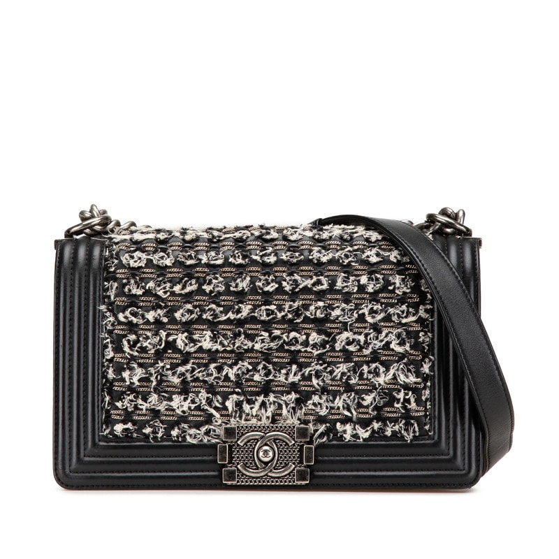 シャネル ボーイシャネル25  斜め掛け チェーン ショルダーバッグ ブラック ホワイト レザー ツイード レディース CHANEL 【中古】