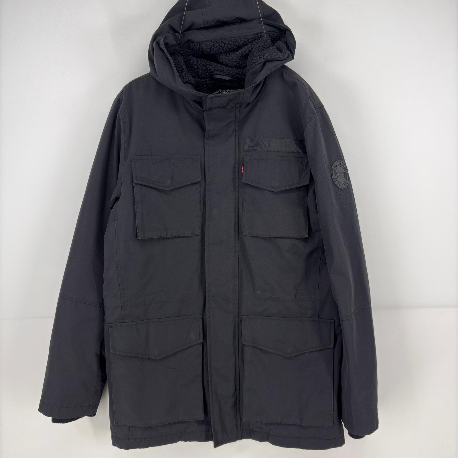 古着 リーバイス Levi's ジャケット フィールドパーカー ボアライナー フルジップ ワンポイント ロゴ コート S  ブラック メンズ