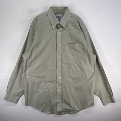 古着 ブルックスブラザーズ Brooks Brothers 長袖シャツ ボタンダウン CLASSIC 胸ポケ L グリーン系 ストライプ メンズ