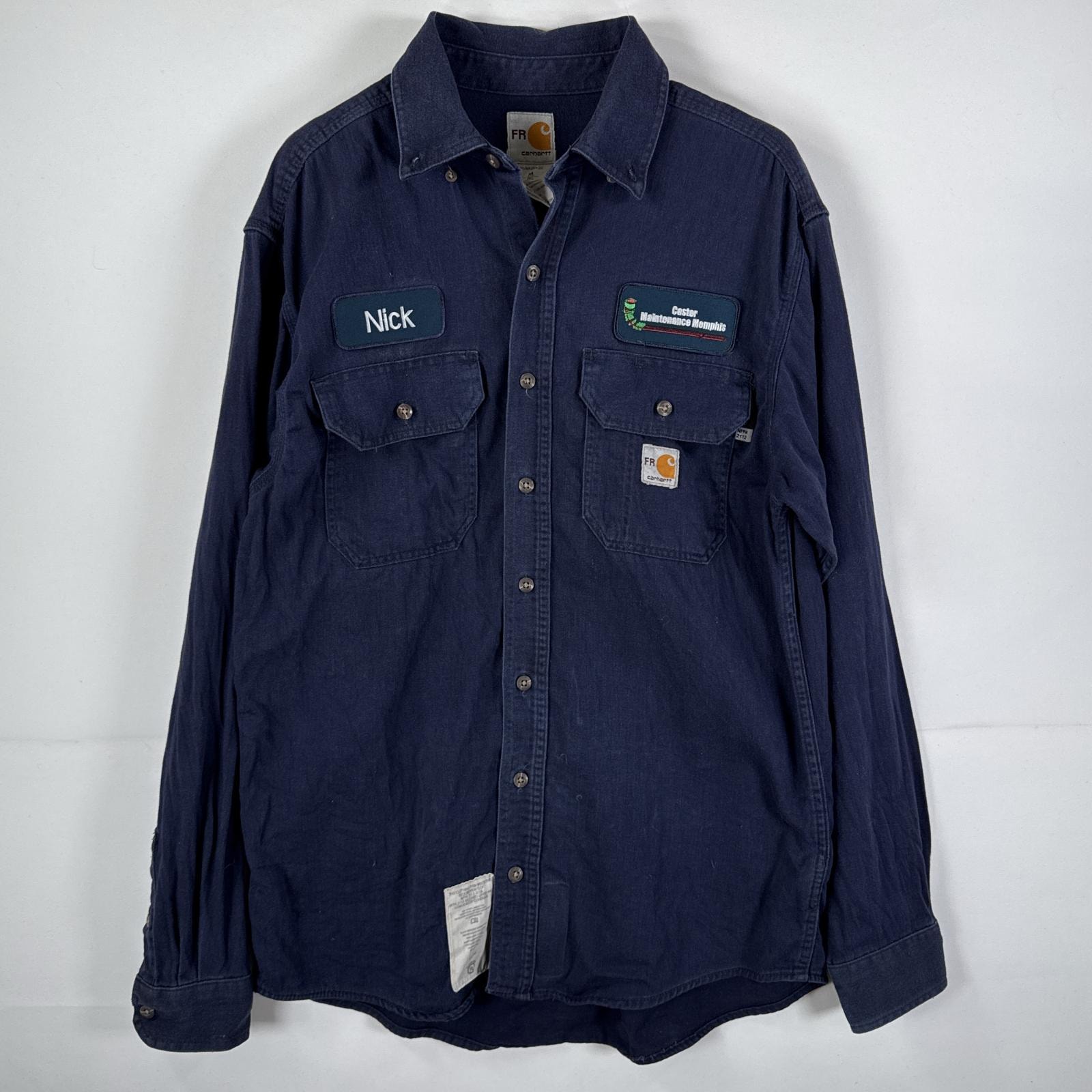 古着 カーハート Carhartt 長袖シャツ ワークシャツ ワッペン ワンポイント 作業着 ポケット M ネイビー メンズ