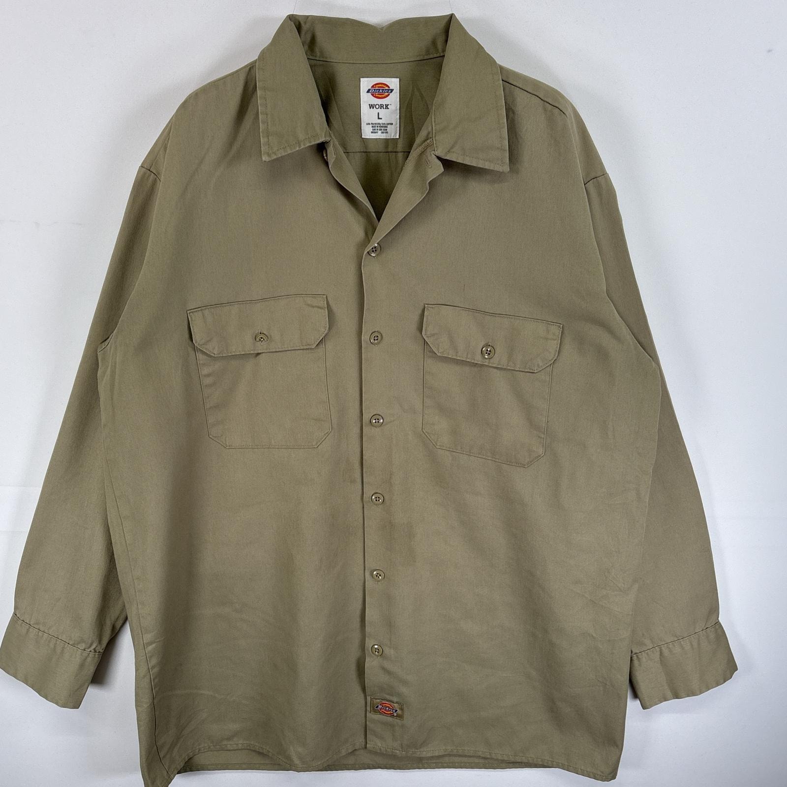 古着 ディッキーズ Dickies 長袖シャツ ワンポイント ロゴ オープンカラー ボックス丈 L ベージュ 無地 メンズ