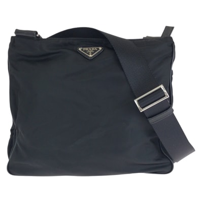 美品 PRADA プラダ テスート サフィアーノ 三角ロゴプレート ブラック 黒 シルバー金具 ナイロン レザー/ ショルダーバッグ 男女兼用 602843 【中古】