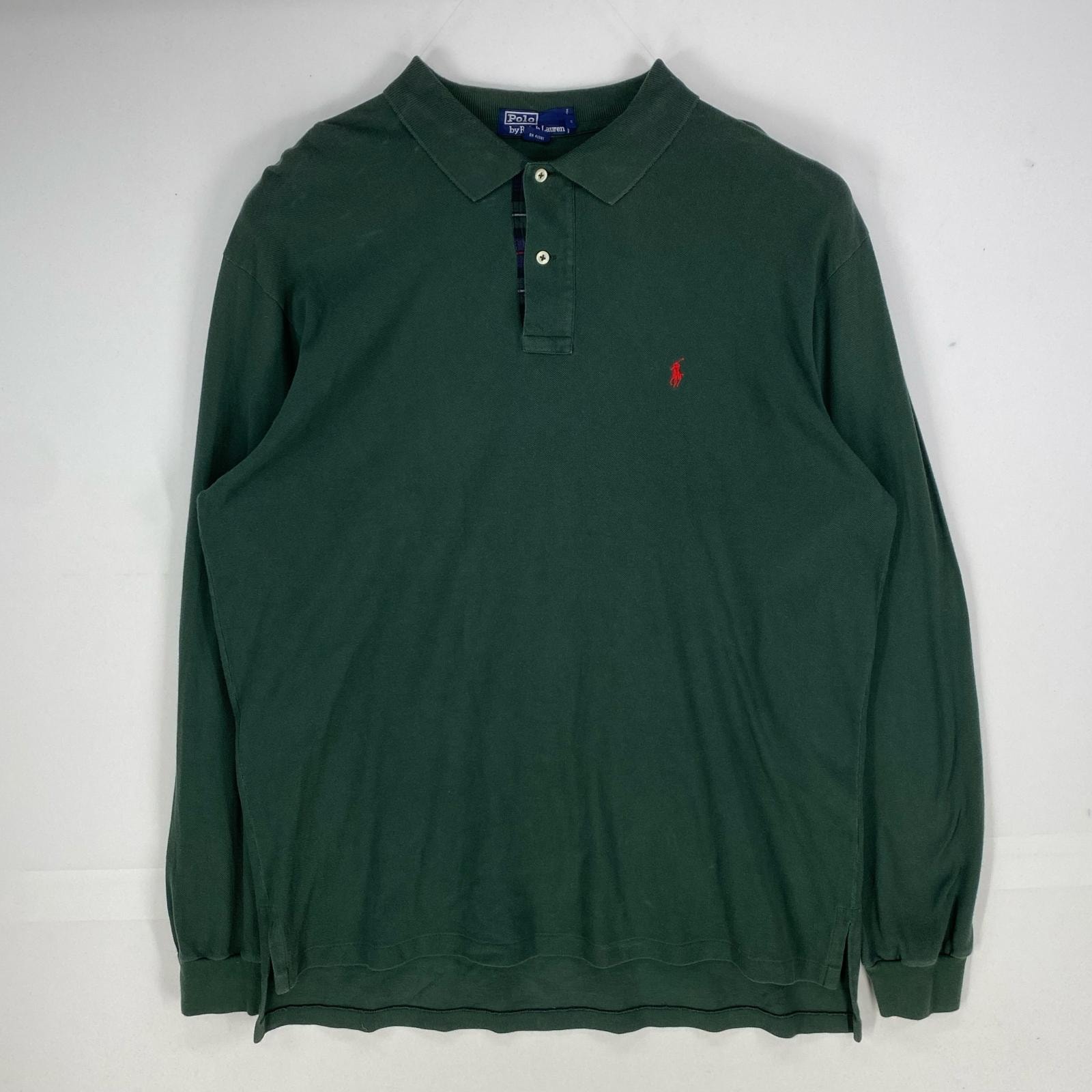 古着 ポロバイラルフローレン Polo by Ralph Lauren 鹿の子 長袖シャツ ワンポイント ロゴ刺繍 ポロシャツ XL グリーン系 メンズ