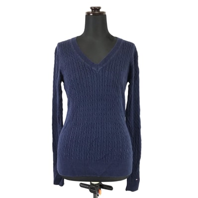 TOMMY HILFIGER【トミーヒルフィガー】ピマコットンセーター【レディースS/紺/navy/ケーブルニット】Vネック/長袖/Tops/sweater◆BJ084-b