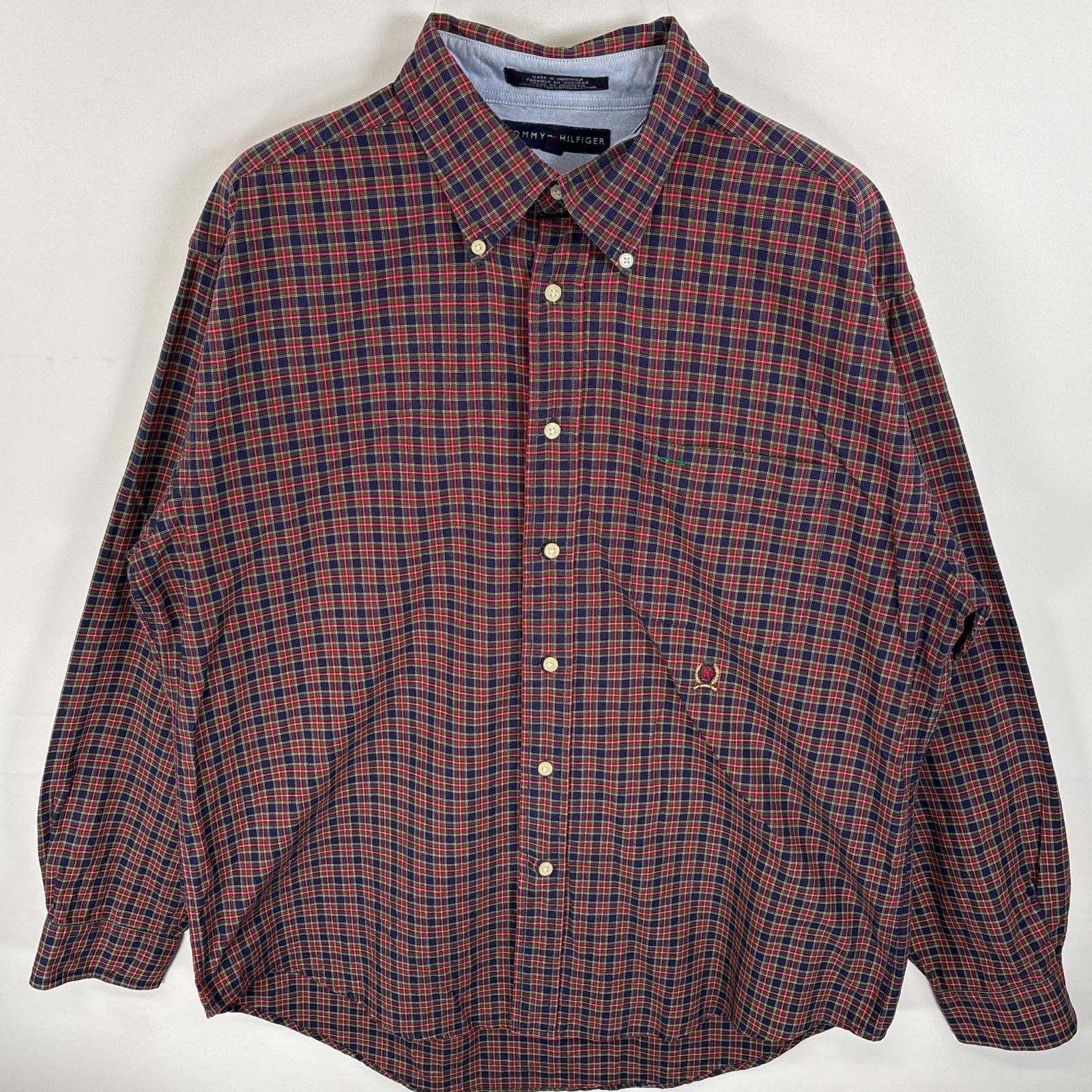古着 トミーヒルフィガー TOMMY HILFIGER 長袖シャツ ボタンダウンシャツ ワンポインロゴ 刺繍 胸ポケ L  レッド系 チェック メンズ