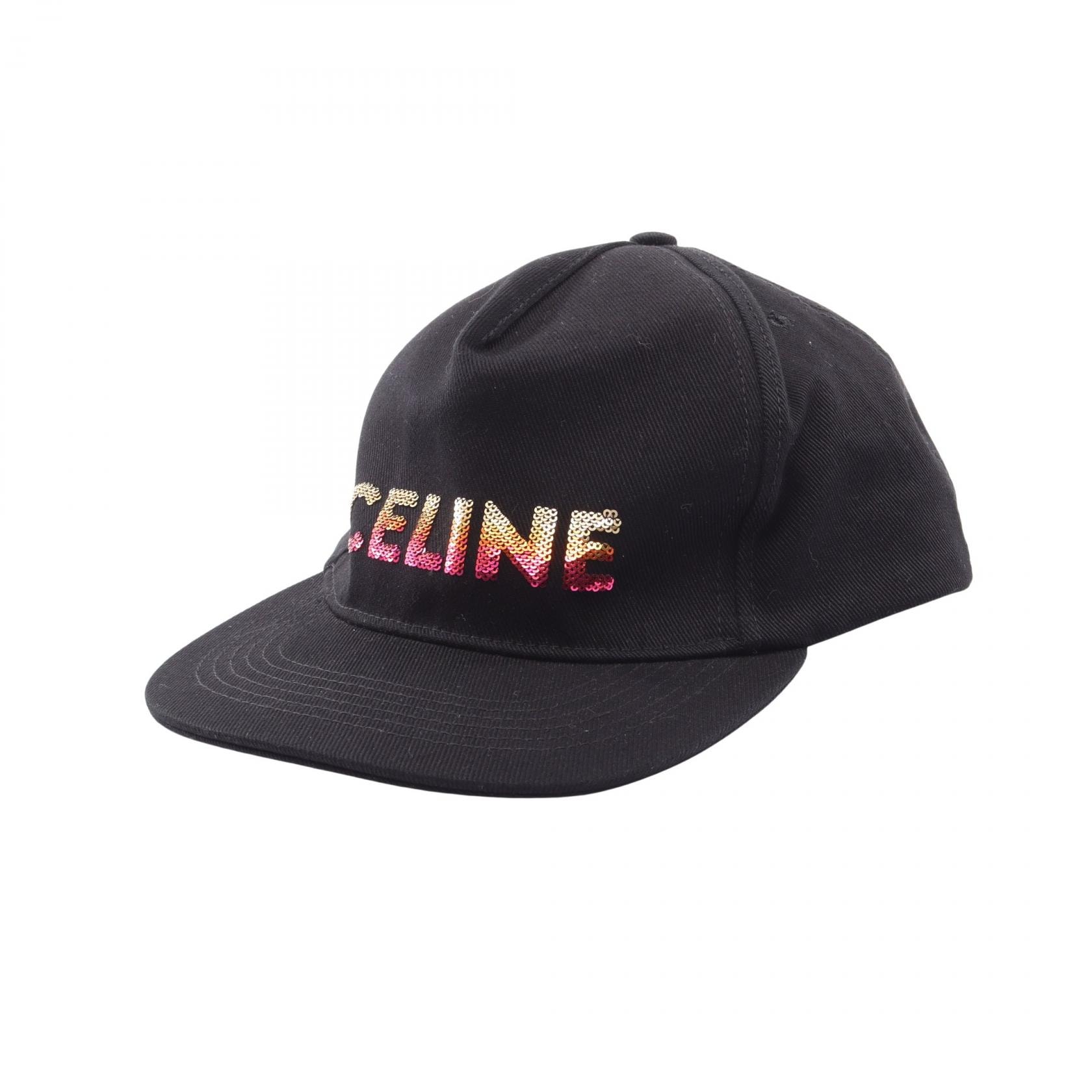 セリーヌ CELINE スパンコールロゴ キャップ 帽子 コットン メンズ レディース ブラック系 2AUW9641M 【中古】