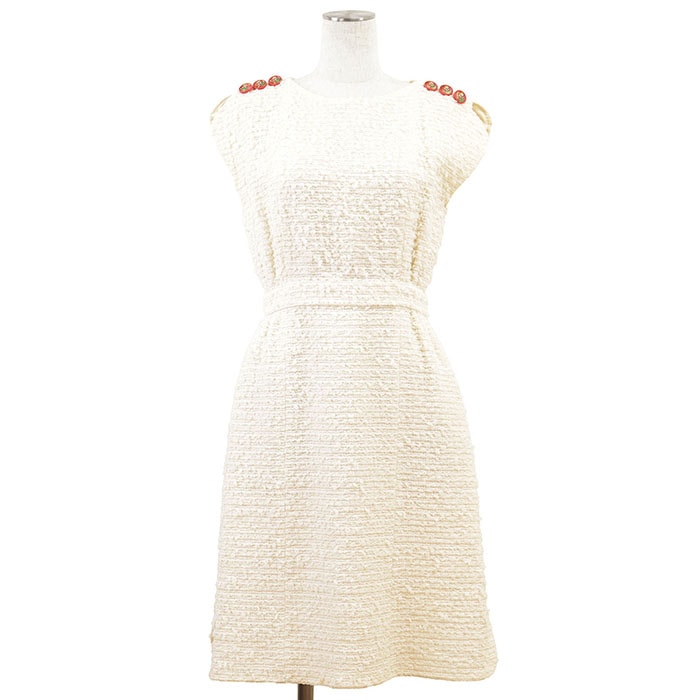 CHANEL シャネル ワンピース ファンタジーツイード P56049 2017年製 COCOマーク ロゴ レインボーライオン 肩ボタン ノースリーブ ラウンドネック ドレス 付属品有 レディース 36 アイボリー ピンク 桃色 仏製 カール・ラガーフェルド期