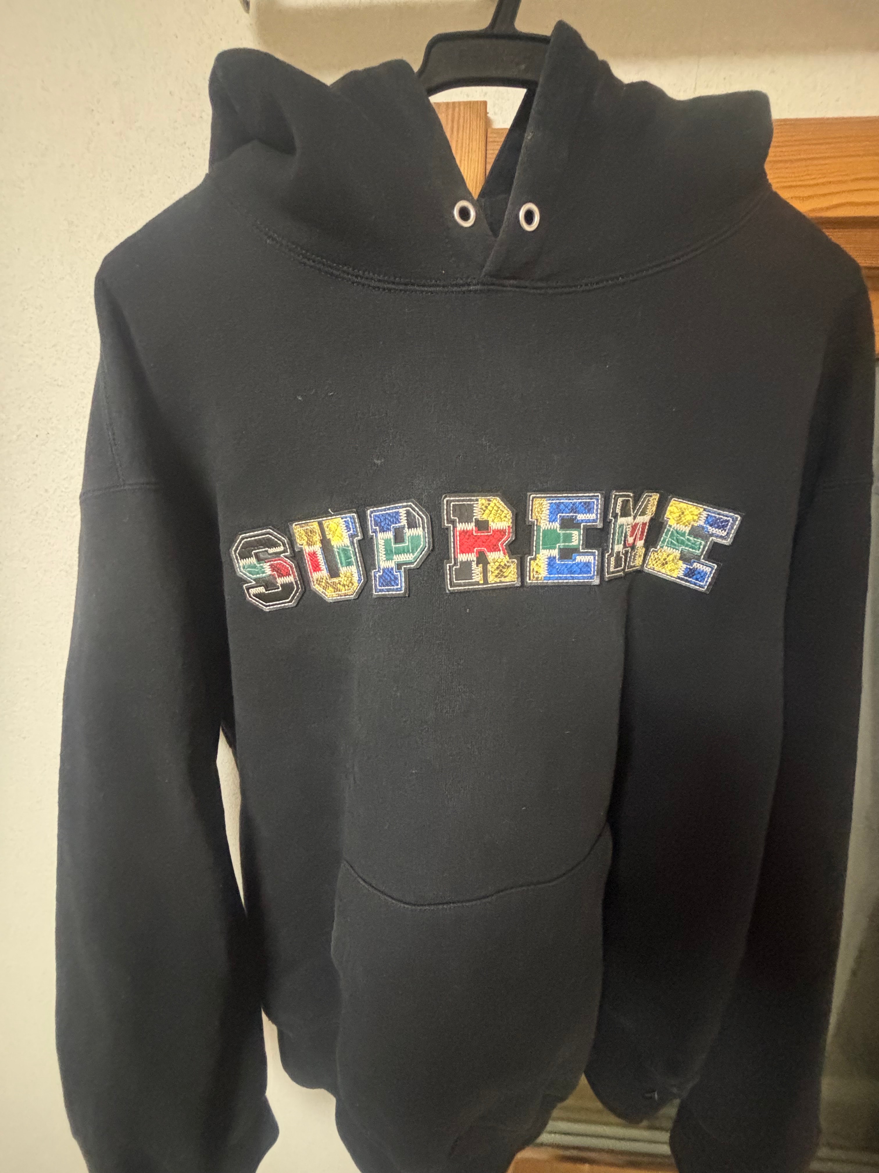 Supreme Collegiate Patchwork Leather Hooded Sweatshirt "Black"