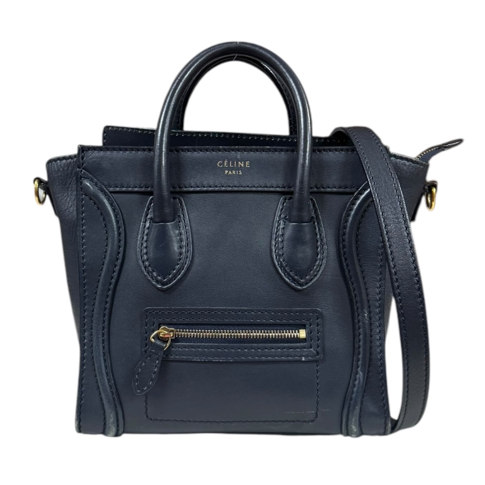 セリーヌ ラゲージ ナノ ショッパー ショルダーバッグ レザー ネイビー レディース CELINE  中古