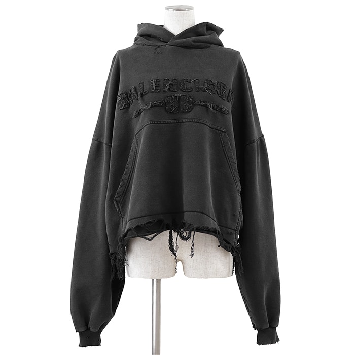 【美品】BALENCIAGA バレンシアガ スウェット パーカー サイズ 2 レディース 2024年製 BB ロゴ エンブロイダリー 刺繍 デストロイ ダメージ加工 クロップド フーディー ロングスリーブ 長袖 トップス チャコール ポルトガル製