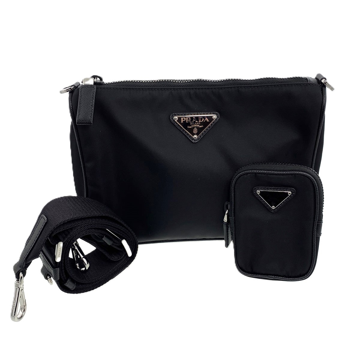 【お値下げ品】PRADA プラダ Re-Nylon サフィアーノレザー ショルダーバッグ 2VH113 ナイロン ブラック シルバー金具  メンズ【中古】