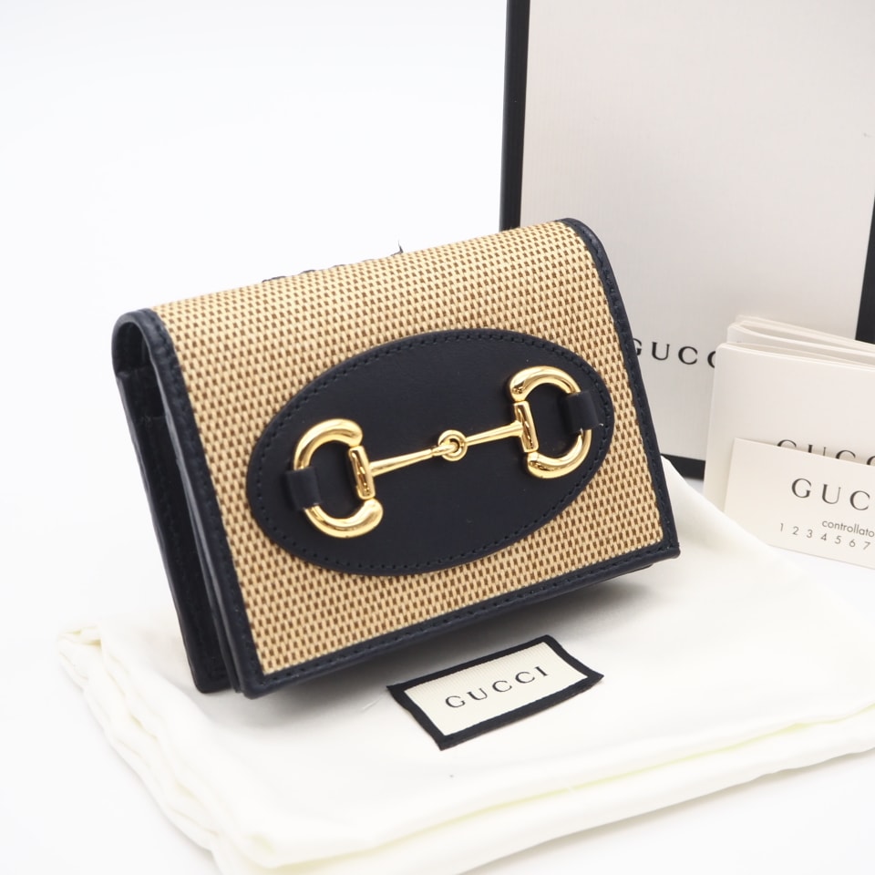 極美品 GUCCI グッチ キャンバス グッチ ホースビット 1955 スモールウォレット 621887 二つ折り財布 ベージュ・ブラック レザー キャンバス レディース