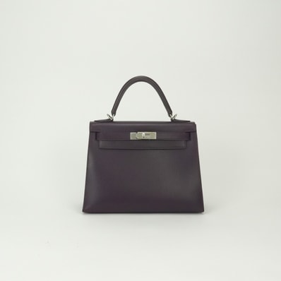エルメス HERMES ケリー28 ケリー 28 バッグ トートバッグ ショルダーバッグ エプソン レザン Raisin パープル Purple 紫 シルバー金具 ヴォーエプソン ハンドバッグ 2way 外縫い V字金具