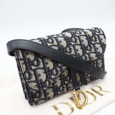 美品 Christian Dior クリスチャンディオール ディオール オブリーク ジャカード オブリーク トロッター サドル ベルトポーチ S5619CTZQ_M928 ショルダーバッグ ネイビー グレー キャンバス レディース