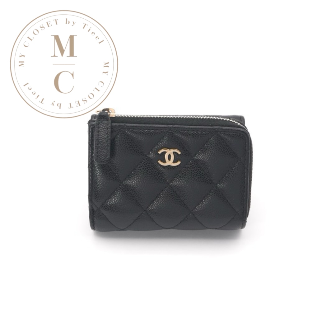 シャネル CHANEL 財布 三つ折り財布 ミニ財布 ミニウォレット キャビアスキン ブラック ゴールド マトラッセ ココマーク コンパクトウォレット