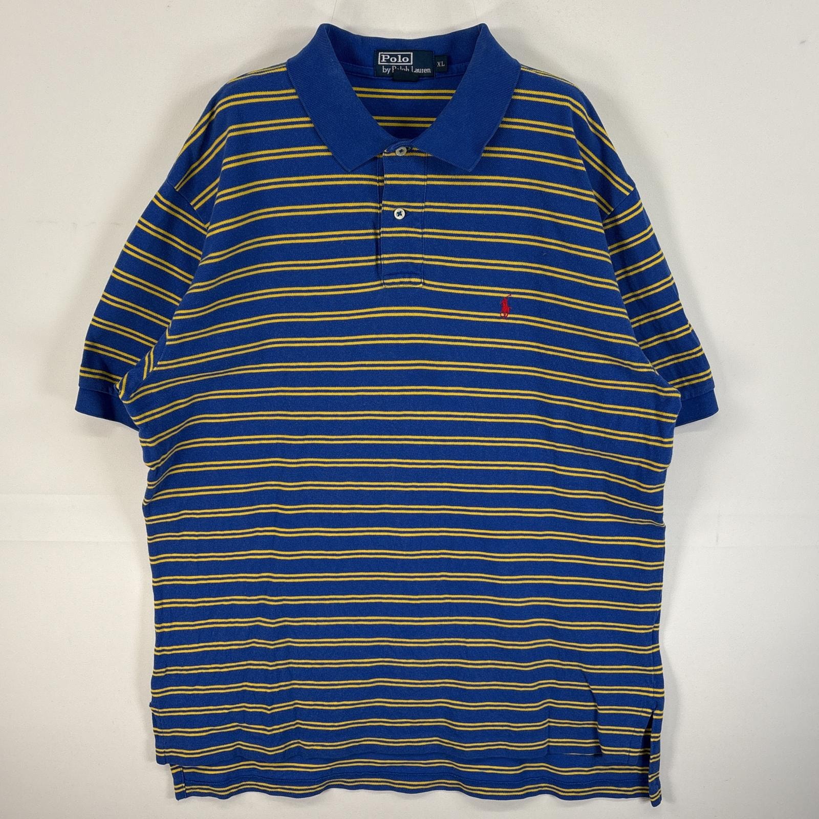 古着 90's/90年代 ポロバイラルフローレン Polo by Ralph Lauren 鹿の子 半袖 ポロシャツ ロゴ 刺繍 大きいサイズ 2トーン XL  ブルー系 ボーダー メンズ