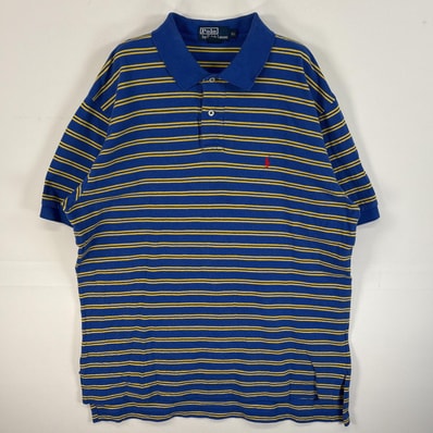 古着 90's/90年代 ポロバイラルフローレン Polo by Ralph Lauren 鹿の子 半袖 ポロシャツ ロゴ 刺繍 大きいサイズ 2トーン XL ブルー系 ボーダー メンズ