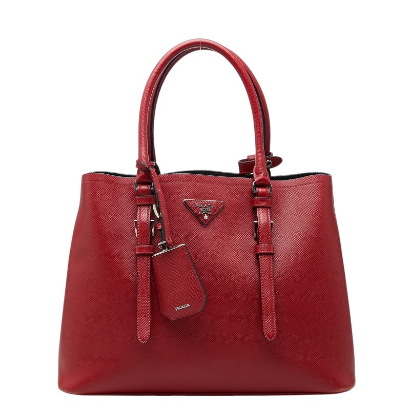 プラダ 三角ロゴプレート トートバッグ ハンドバッグ レッド サフィアーノレザー レディース PRADA 【中古】