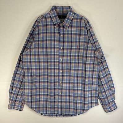 古着 ラルフローレン RALPH LAUREN 長袖シャツ ロゴ 刺繍 チェック ボタンダウン L ブルー系 マルチカラー メンズ