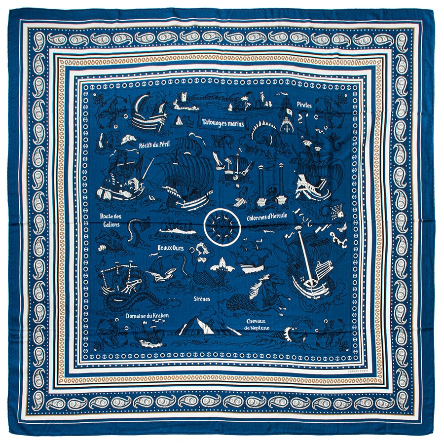 【未使用】HERMES エルメス カレジェアン Tatouages Marins Bandana 船乗りのタトゥ-・バンダナ 243374S 04 スカーフ カレ140 ストール ショール 2024SS ブルー ホワイト【中古】