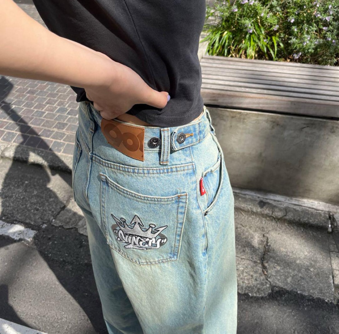 9090 King Logo Slub Denim Buggy Pants "Light Blue"