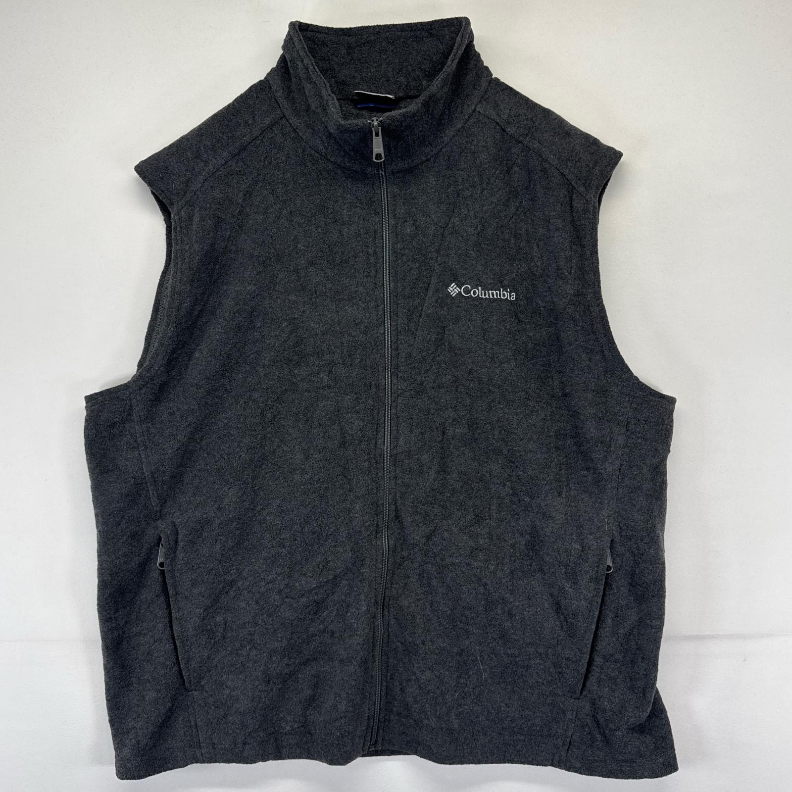 古着 コロンビア Columbia フリース ベスト フルジップ ポケット アウトドア ワンポイントロゴ XL  グレー メンズ