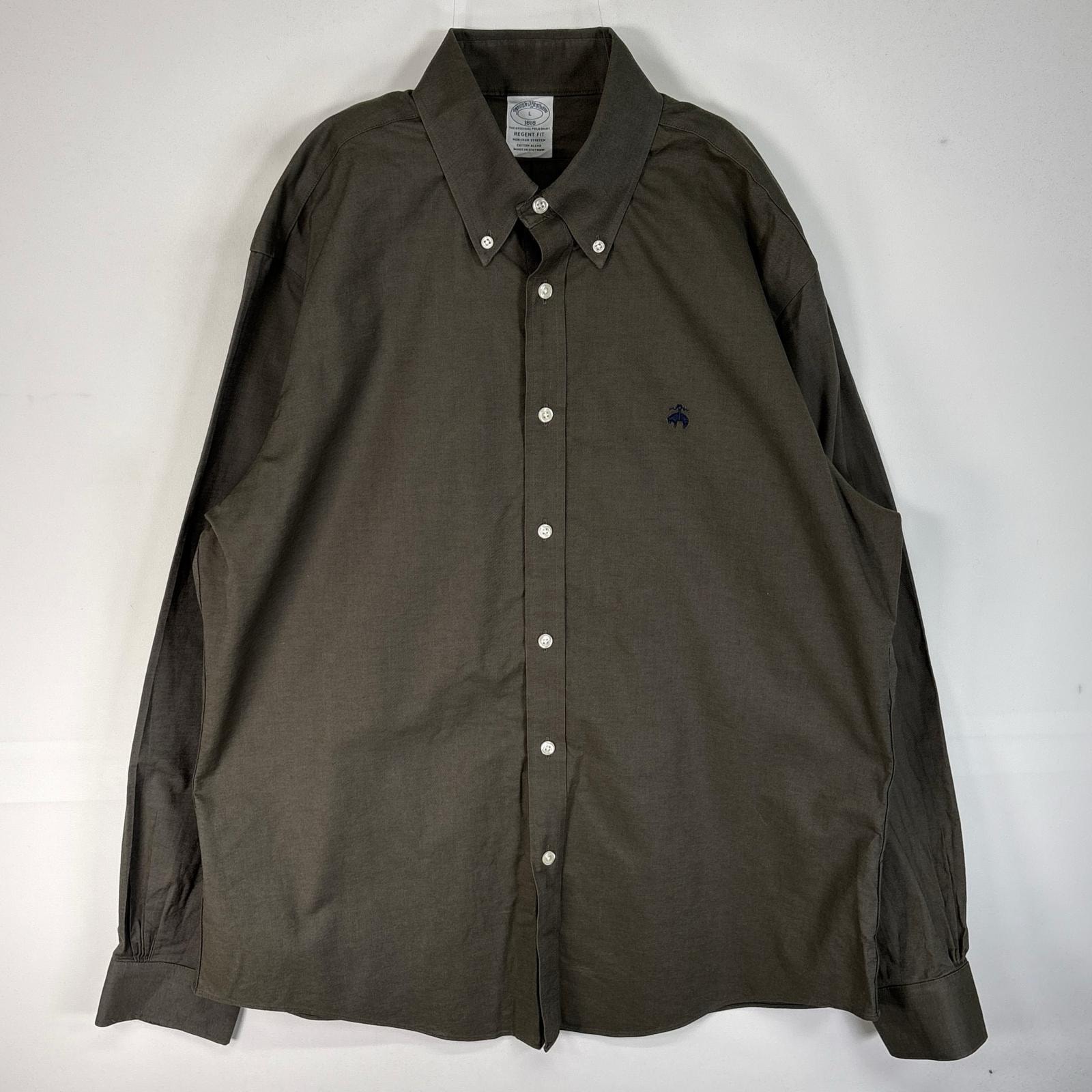 古着 ブルックスブラザーズ Brooks Brothers 長袖シャツ ロゴ 刺繍 REGENT オックスフォード L  グリーン系 無地 メンズ