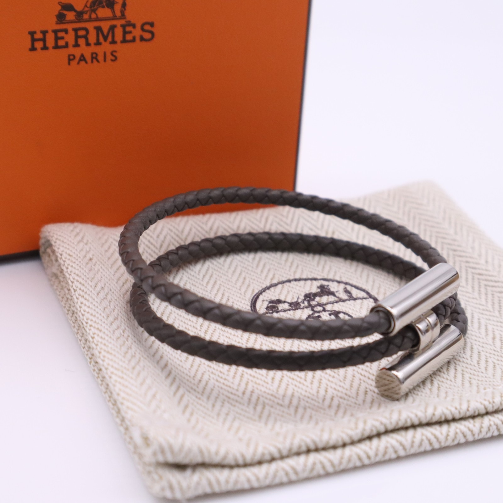 美品 HERMES エルメス トゥルニス トレッセ ブレスレット - ブレスレット ブラウン シルバー レザー ステンレス メンズ