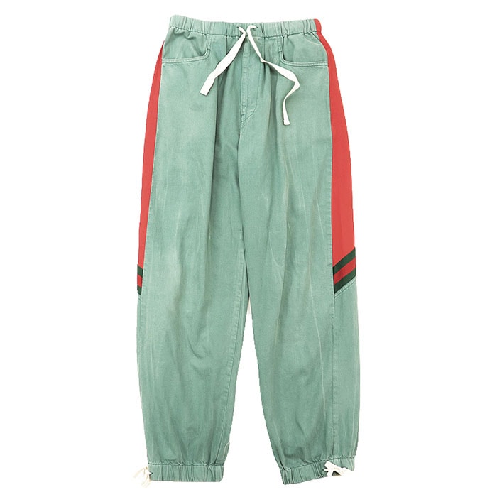 【SALE】GUCCI グッチ イージーパンツ デニム サイズ 48 メンズ ロゴ パッチ サイドライン シャリーライン ナイロン 切替 ロング ボトムス レッド ライムグリーン 赤 緑 イタリア製