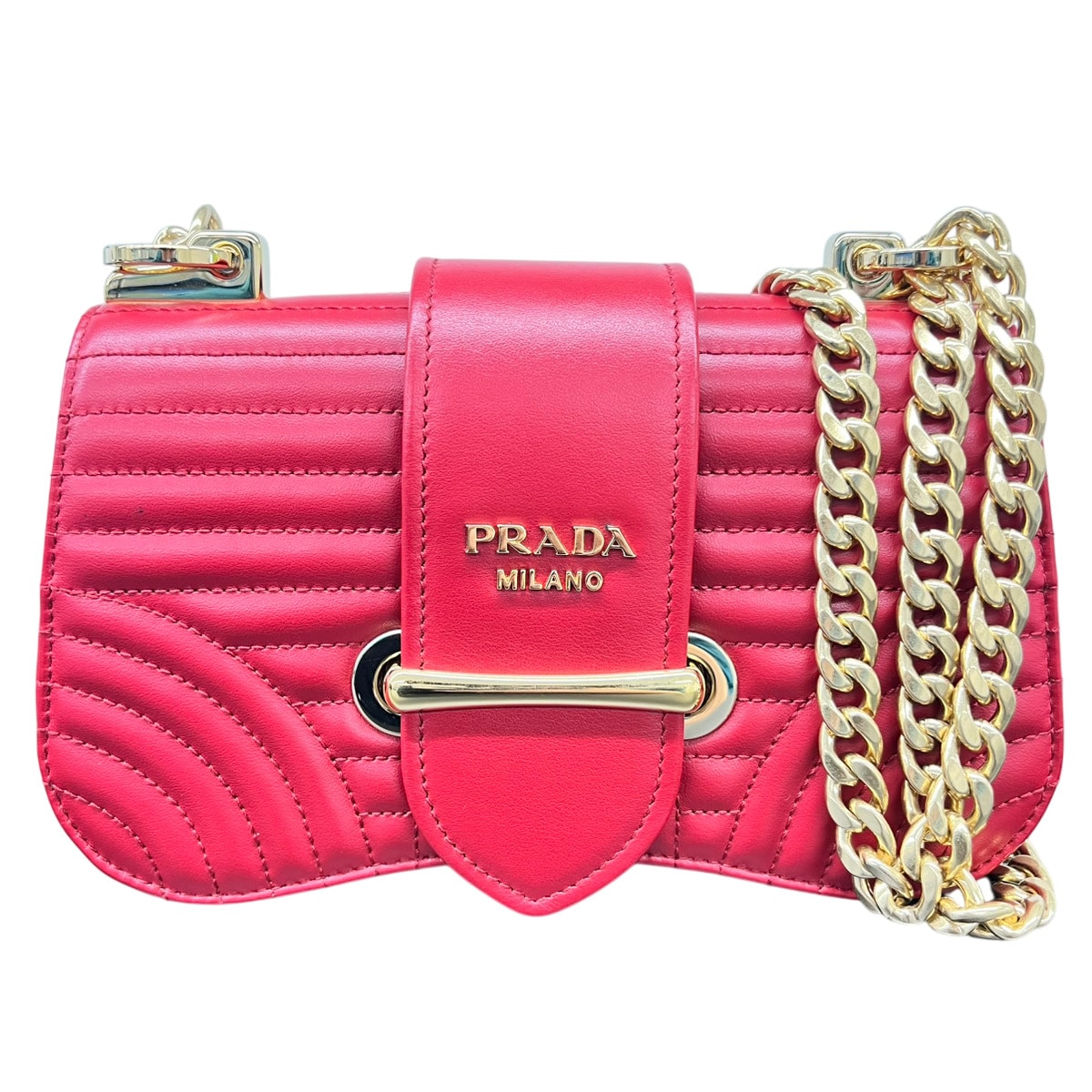 PRADA 希少 極美品 プラダ シドニー チェーンショルダーバッグ ダイアグラム 1BD219 RFID確認済 ソフトカーフ レザー レッド セミショルダー クロスボディ ポシェット キルティング Aランク 鑑定済 中古 プラダバッグ