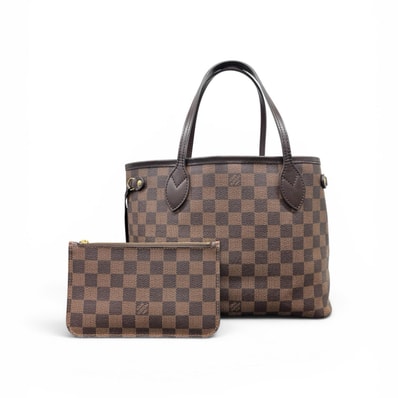 LOUIS VUITTON 人気 美品 ルイヴィトン ネヴァーフルPM ダミエ エベヌ トートバッグ N41359 PVC レザー AR0146 ブラウン ショッピングバッグ ポーチ付属 LV ABランク 中古 鑑定済 ヴィトンバッグ