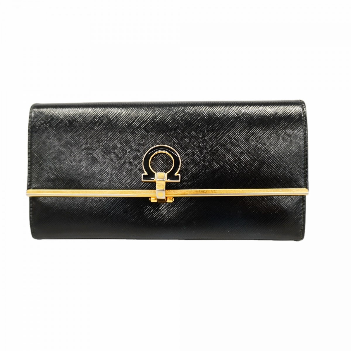 【6db2154】サルヴァトーレフェラガモ 長財布 ガンチーニ レザー ブラック ゴールド金具【中古】レディース