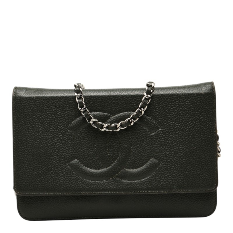 シャネル ココマーク チェーン ショルダーバッグ 斜めかけ カーキグリーン グリーン系 キャビアスキン レディース CHANEL 中古