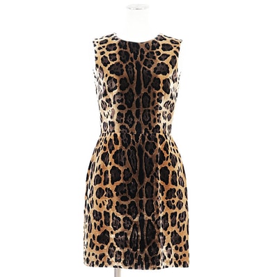 【美品】DOLCE&GABBANA ドルチェアンドガッバーナ ノースリーブワンピース レディース サイズ 38 レオパード ヒョウ柄 豹柄 ベルベット ビスコース × シルク ドレス ライトブラウン ブラック 黒 茶色 イタリア製
