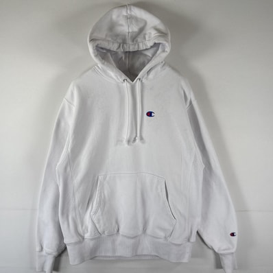 古着 チャンピオン Champion パーカー リバースウィーブ プルオーバー フーディ スウェット ワンポイントロゴ刺繍 LARGE ホワイト メンズ