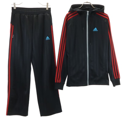 adidas アディダス ストライプ柄 フーディー トラックジャケット 上下セットアップ S/XS ブラック ジャージ
