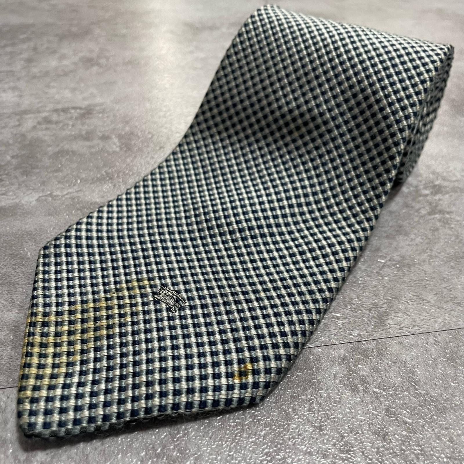 【BURBERRY】バーバリー ロゴ入りチェック柄ネクタイ シルク100% メンズ 日本製 ネイビー 紺色 グレー 灰色 ホースロゴ ワンポイント刺繍 格子柄 クラシックデザイン ビジネス向け ヴィンテージ