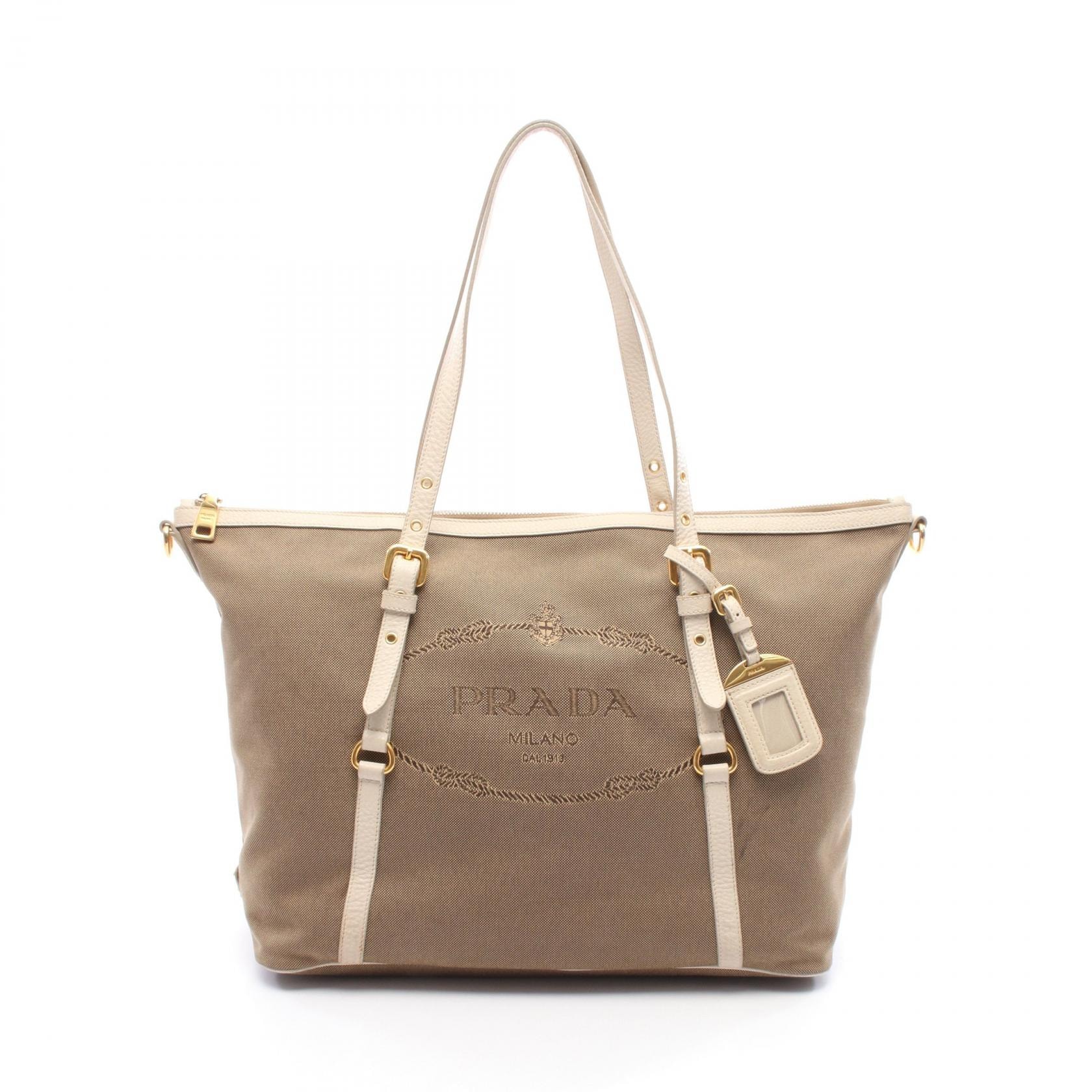 プラダ PRADA LOGO JACQUARD ロゴジャガード トートバッグ バッグ キャンバス レザー レディース カーキ系 / アイボリー系 【中古】