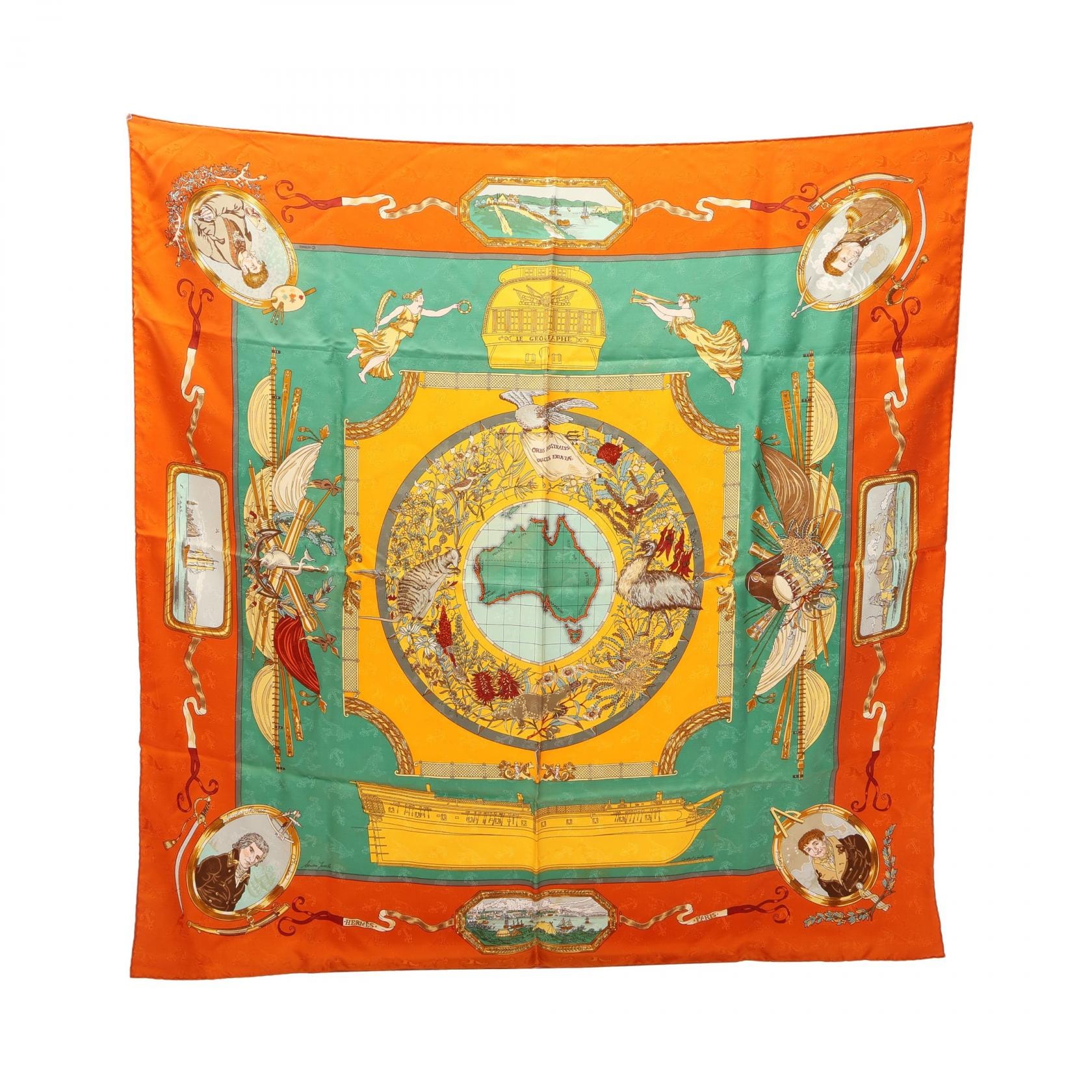 エルメス HERMES カレ90 LE GEOGRAPHE スカーフ 衣料品 シルク シルク オレンジ レディース オレンジ系 / マルチカラー 【中古】