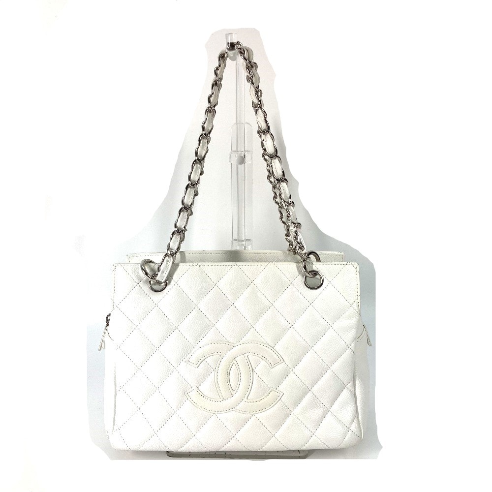 シャネル CHANEL タイムレス マトラッセ キルティング CC ココマーク チェーン ショルダーバッグ カバン トートバッグ キャビアスキン ホワイト