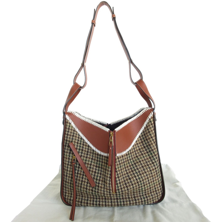 ロエベ LOEWE ハンドバッグ ショルダーバッグ ハンモック レザー/ウール ダークグリーン/ブラウン ゴールド レディース【中古】 s0516g