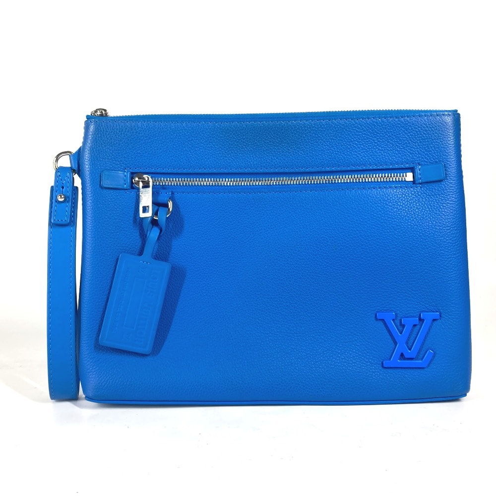 ルイヴィトン LOUIS VUITTON テイクオフ・ポーチ M82270 アエログラム LVロゴ カバン ストラップ付 クラッチバッグ レザー ブルー 美品