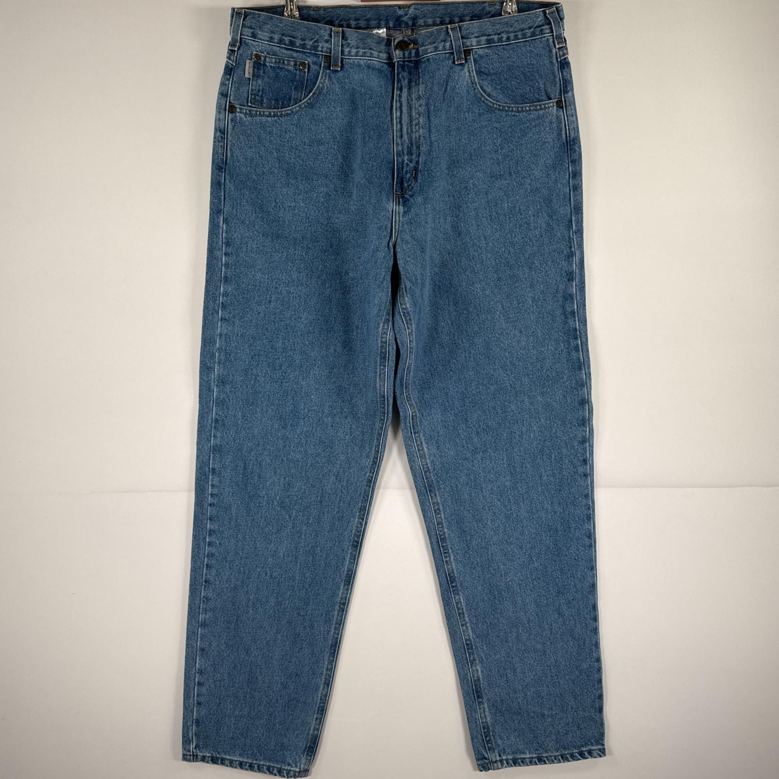 古着 カーハート Carhartt デニムパンツ ジーパン 5ポケット ワンポイント ロゴ ワークパンツ テーパード 大きいサイズ w40 L32  ブルー メンズ