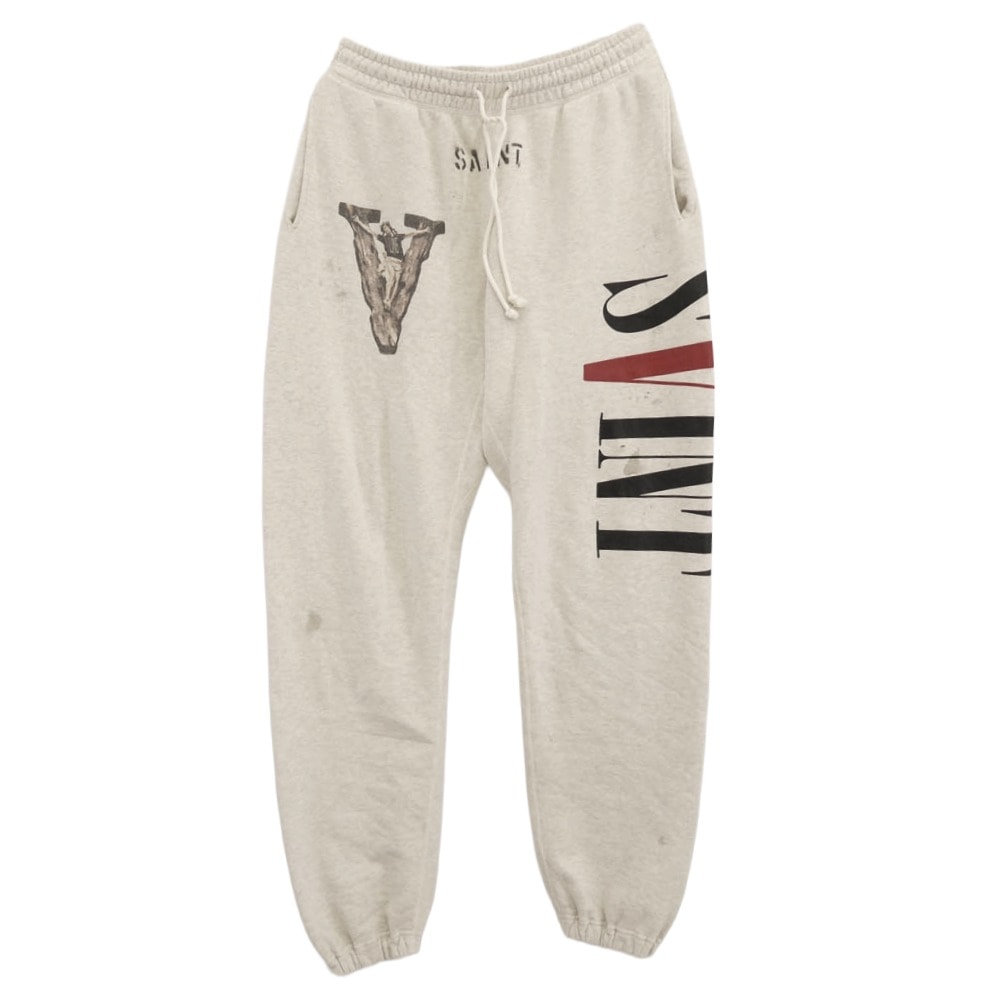 SAINT MICHAEL セントマイケル パンツ 22SS SM-S22-0000-084 × VLONE ヴィーロン SWEAT LONG PANTS  スウェット ロングパンツ ユーズド ダメージ加工 グレー系 M【中古】