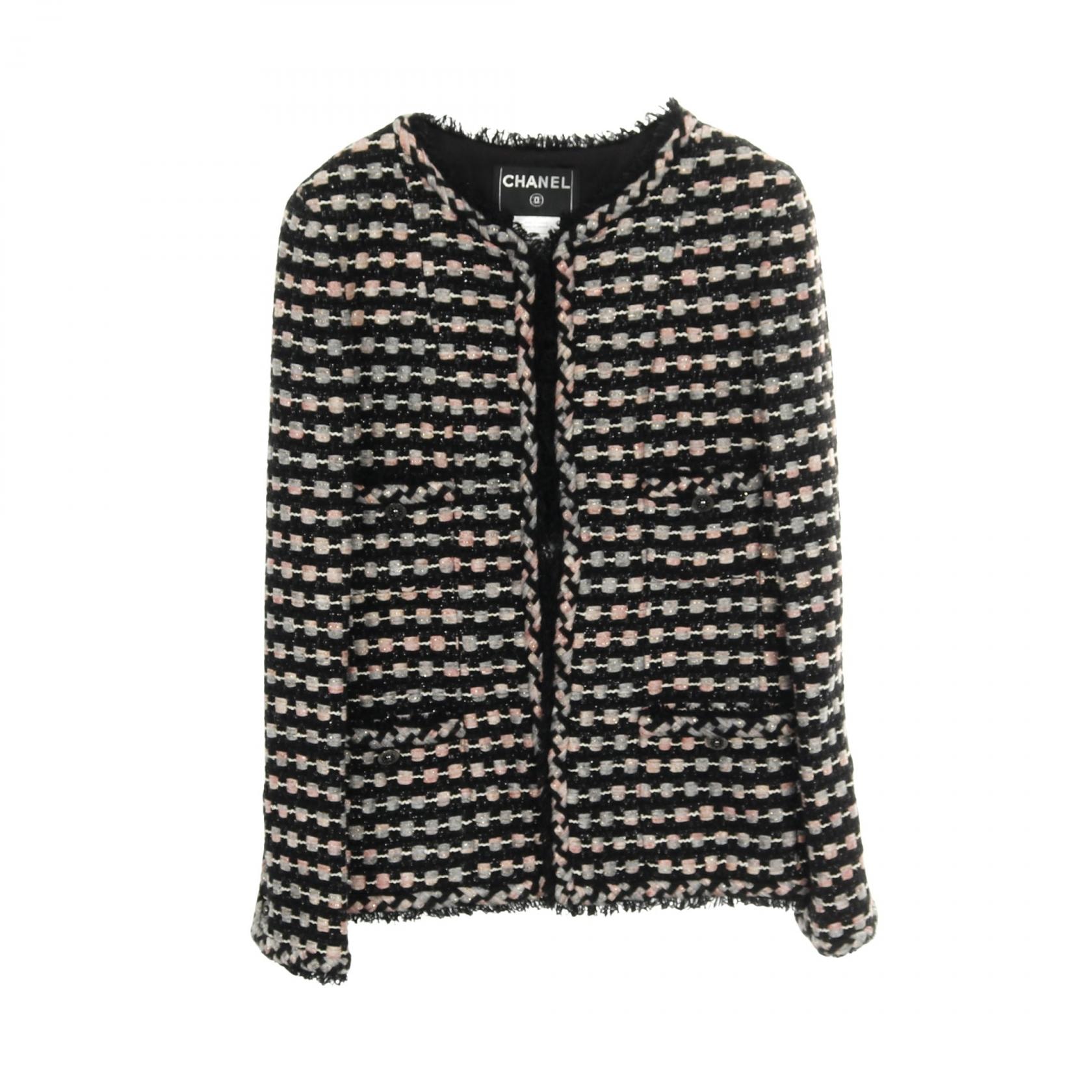 シャネル CHANEL ツイード ノーカラージャケット 衣料品 アウター ナイロン ウール コットン レディース ブラック系 / ピンク系 / グレー系 P29539V19609 【中古】