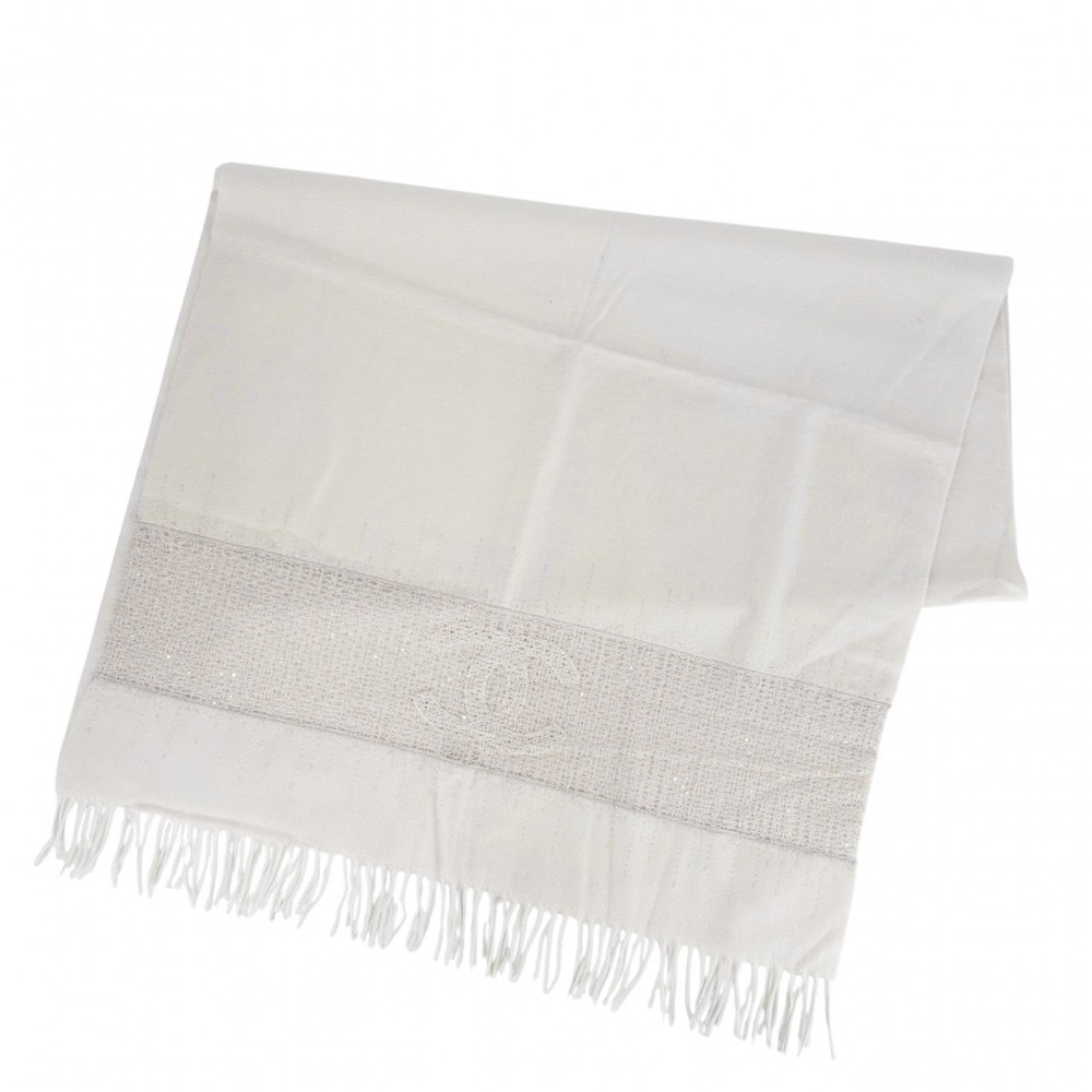 CHANEL シャネル ストール ファッションアイテム 大判 ココマーク 白 ホワイト カシミヤ  スパンコール   アイボリー レディース 美品【中古品】